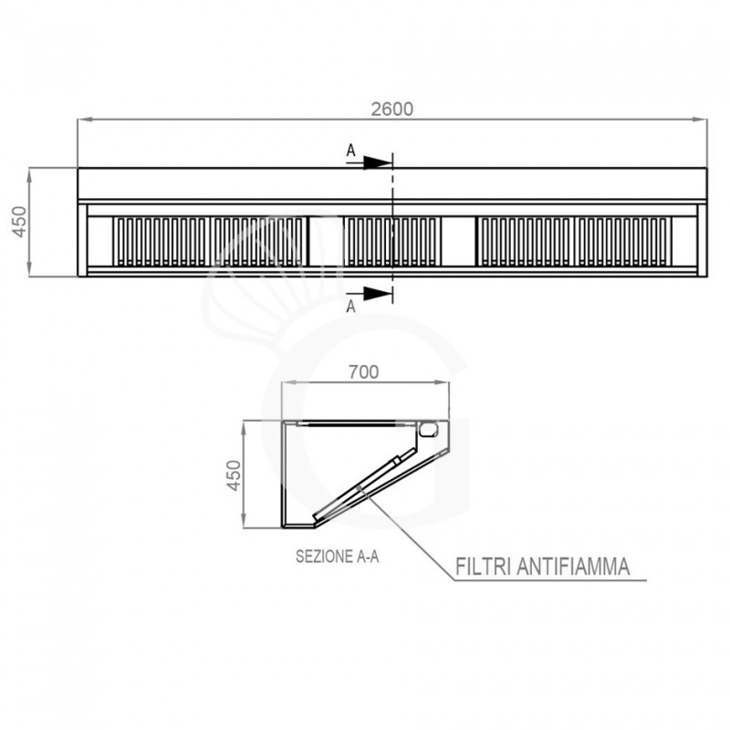 Wandhaube ohne Motor, B 2600 mm x T 700 mm x H 450 mm