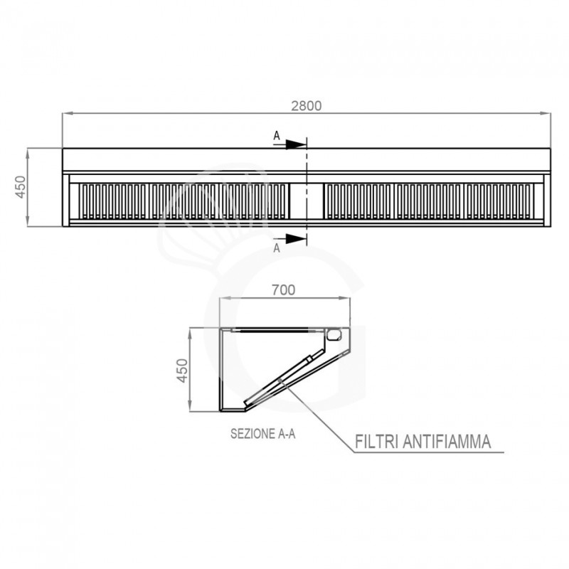 Wandhaube ohne Motor, B 2800 mm x T 700 mm x H 450 mm
