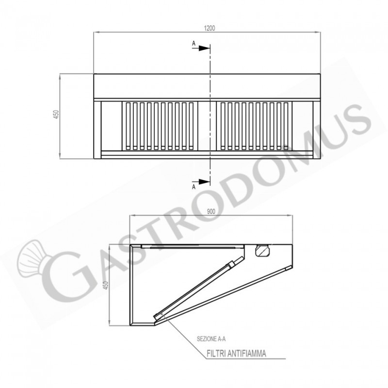Wandhaube ohne Motor, B 1200 mm x T 900 mm x H 450 mm