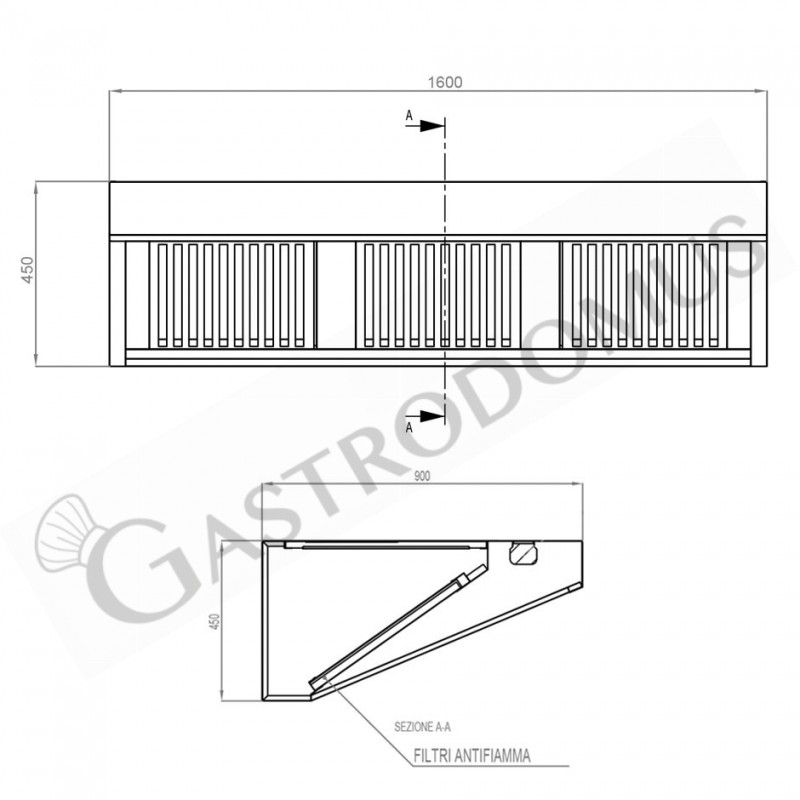 Wandhaube ohne Motor, B 1600 mm x T 900 mm x H 450 mm