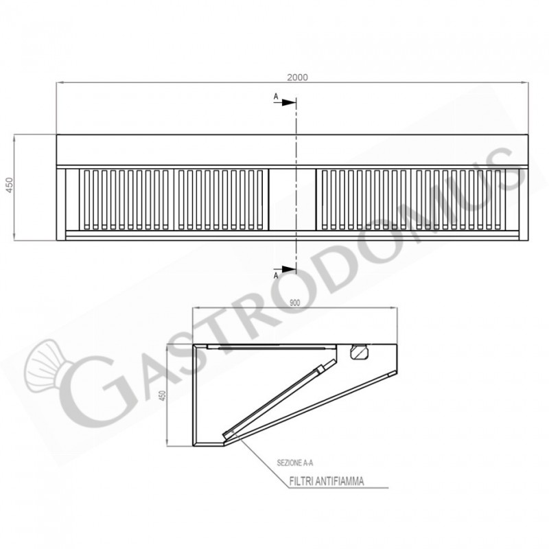 Wandhaube ohne Motor, B 2000 mm x T 900 mm x H 450 mm