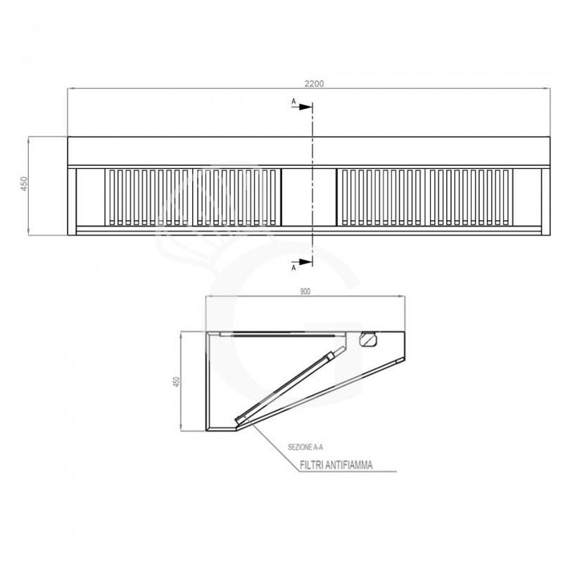 Wandhaube ohne Motor, B 2200 mm x T 900 mm x H 450 mm