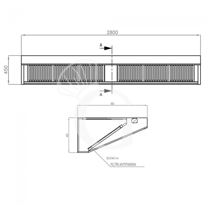 Wandhaube ohne Motor, B 2800 mm x T 900 mm x H 450 mm