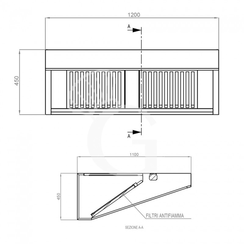 Wandhaube ohne Motor, B 1200 mm x T 1100 mm x H 450 mm