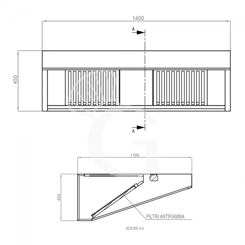 Wandhaube ohne Motor, B 1400 mm x T1100 mm x H 450 mm
