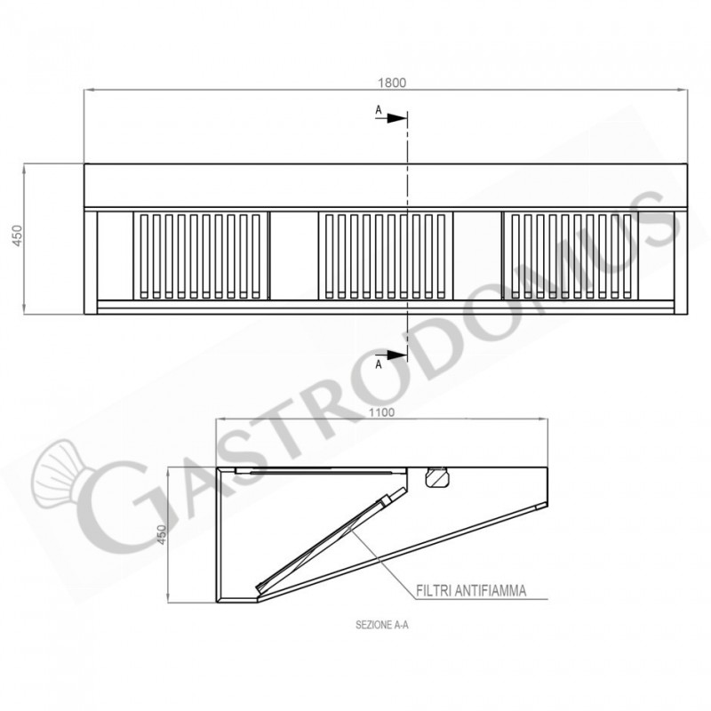 Wandhaube ohne Motor, B 1800 mm x T 1100 mm x H 450 mm