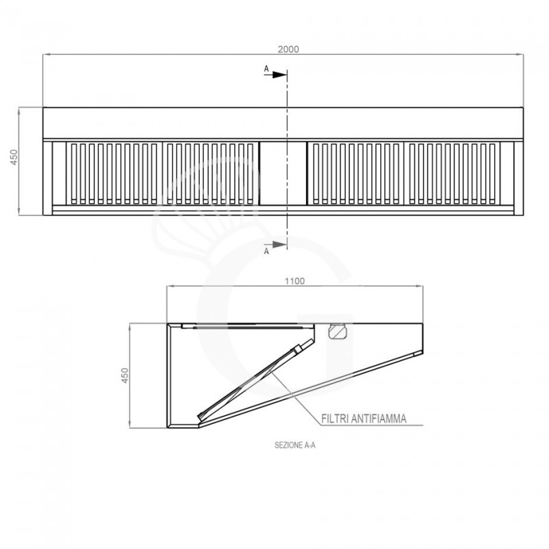 Wandhaube ohne Motor, B 2000 mm x T 1100 mm x H 450 mm