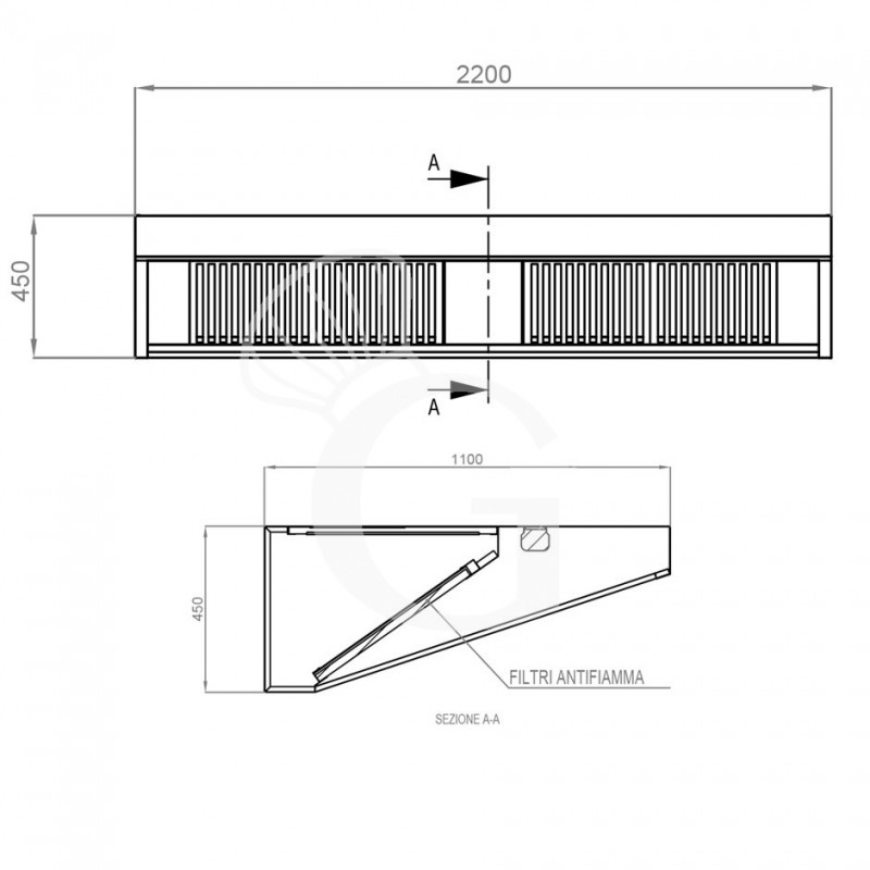 Wandhaube ohne Motor, B 2200 mm x T 1100 mm x H 450 mm