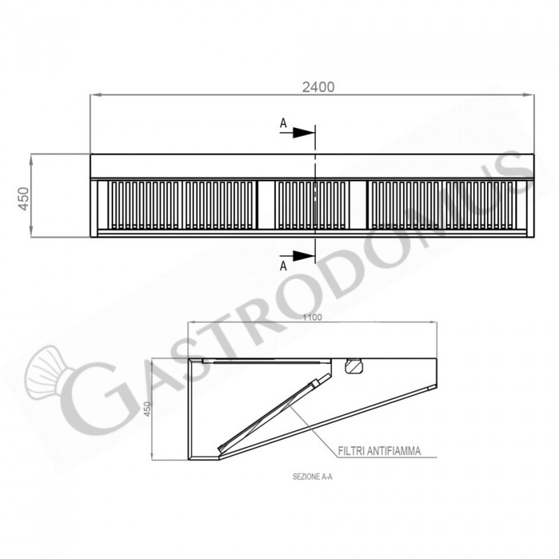 Wandhaube ohne Motor, B 2400 mm x T 1100 mm x H 450 mm