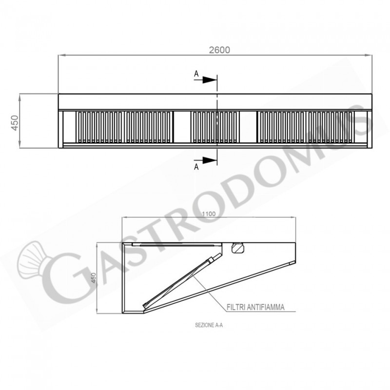 Wandhaube ohne Motor, B 2600 mm x T 1100 mm x H 450 mm