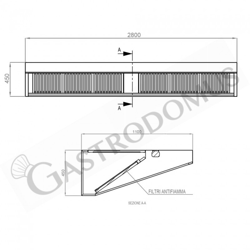 Wandhaube ohne Motor, B 2800 mm x T 1100 mm x H 450 mm