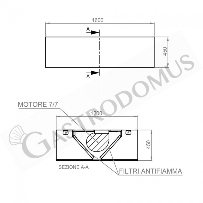 Deckenhaube mit Motor, B 1600 mm x T 1200 mm x H 450 mm