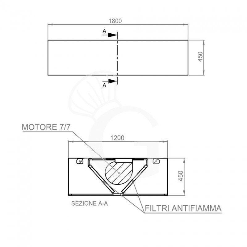 Deckenhaube mit Motor, B 1800 mm x T 1200 mm x H 450 mm