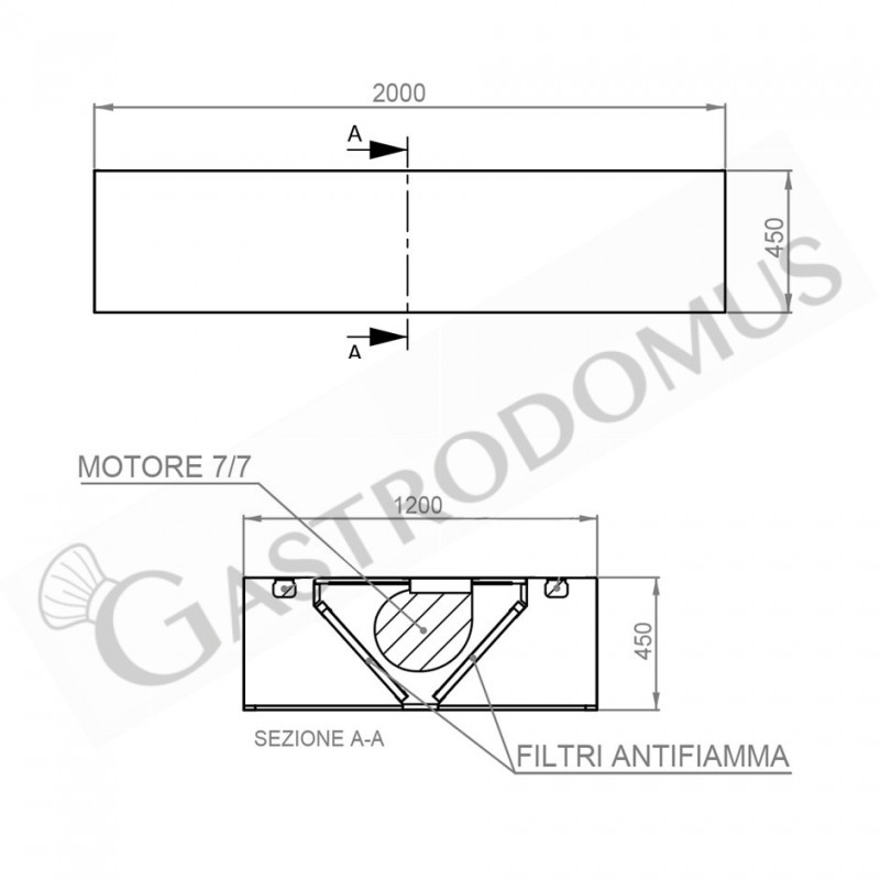 Deckenhaube mit Motor, B 2000 mm x T 1200 mm x H 450 mm