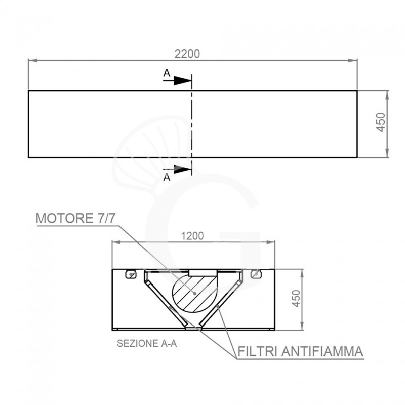 Deckenhaube mit Motor, B 2000 mm x T 1200 mm x H 450 mm