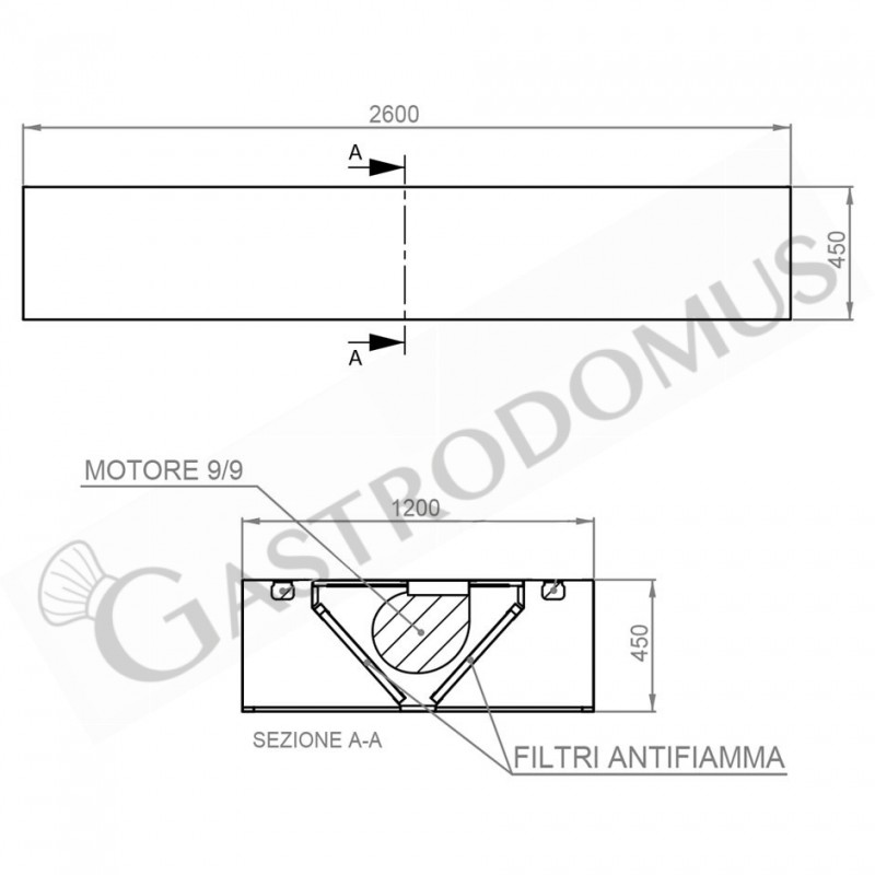 Zentrale Kubica-Haube mit Motor full optional B2600xT1200xH450mm
