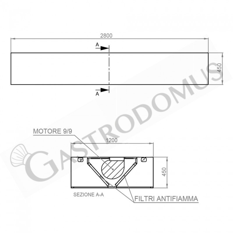 Deckenhaube mit Motor, B 2800 mm x T 1200 mm x H 450 mm