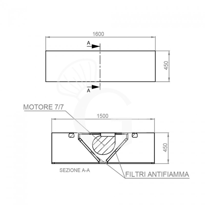 Deckenhaube mit Motor, B 1600 mm x T 1500 mm x H 450 mm