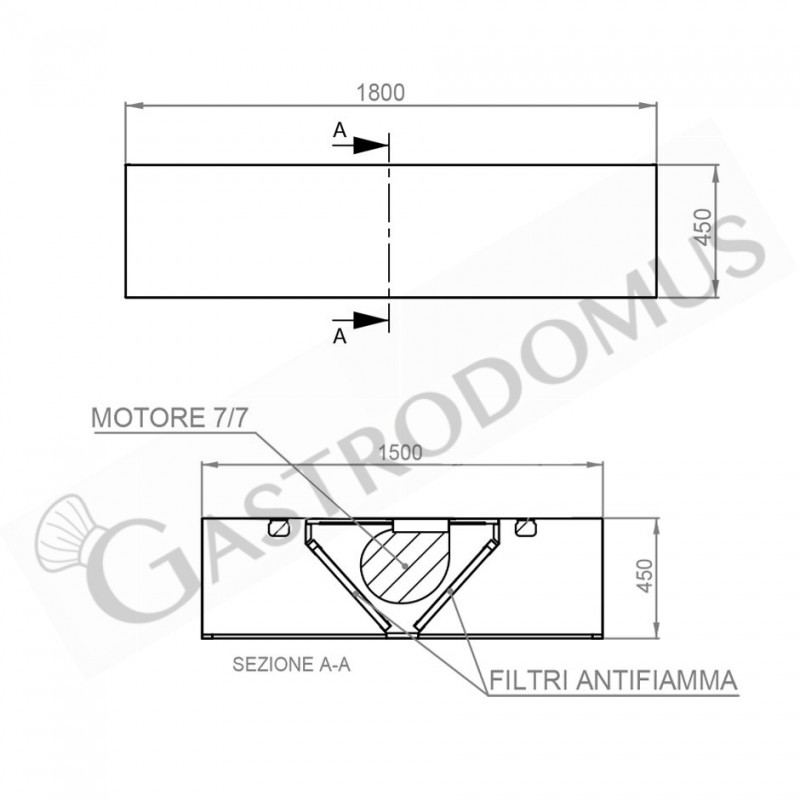 Deckenhaube mit Motor, B 1800 mm x T 1500 mm x H 450 mm