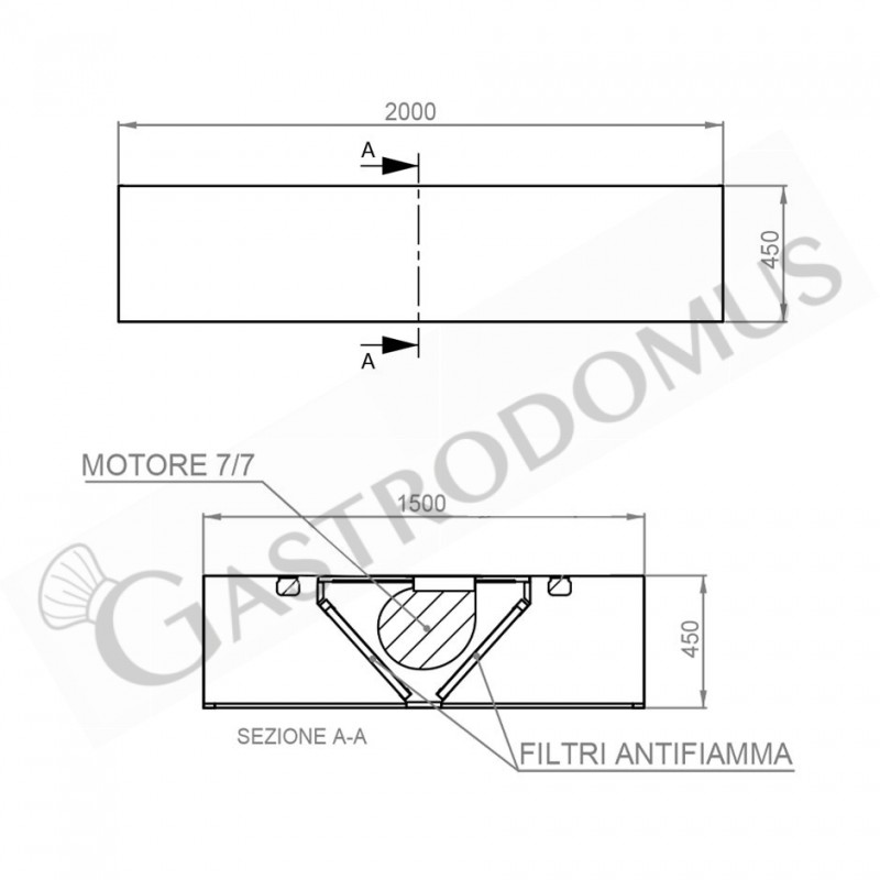 Deckenhaube mit Motor, B 2000 mm x T 1500 x H 450 mm