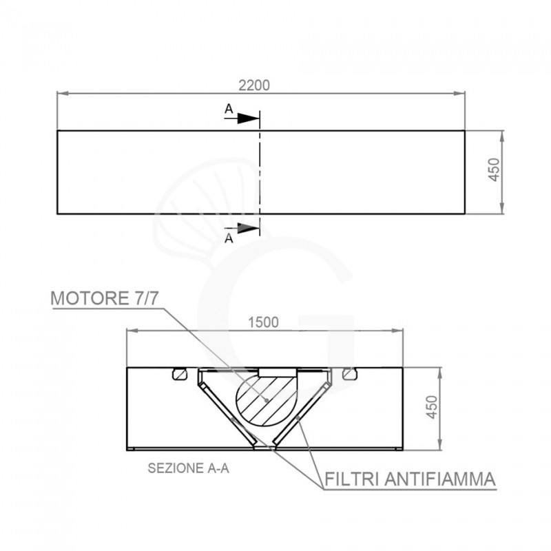 Deckenhaube mit Motor, B 2200 mm x T 1500 mm x H 450 mm