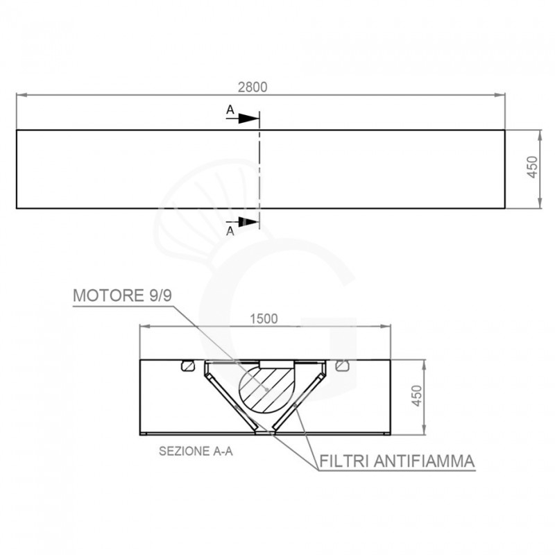 Deckenhaube mit Motor, B 2800 mm x T 1500 mm x H 450 mm
