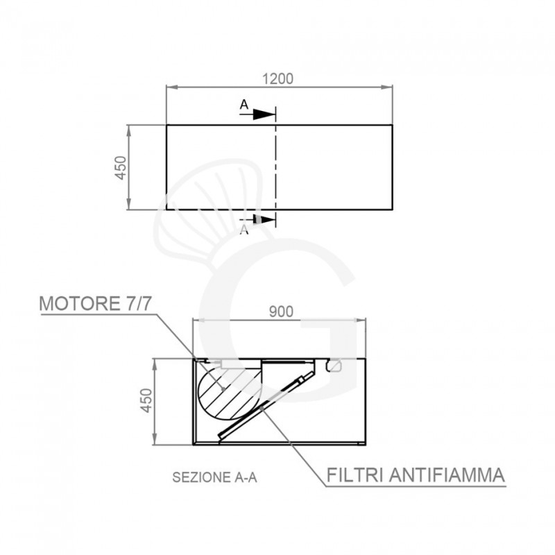 Kastenhaube ohne Motor (Wandausführung), B 1200 mm x T 900 x H 450 mm