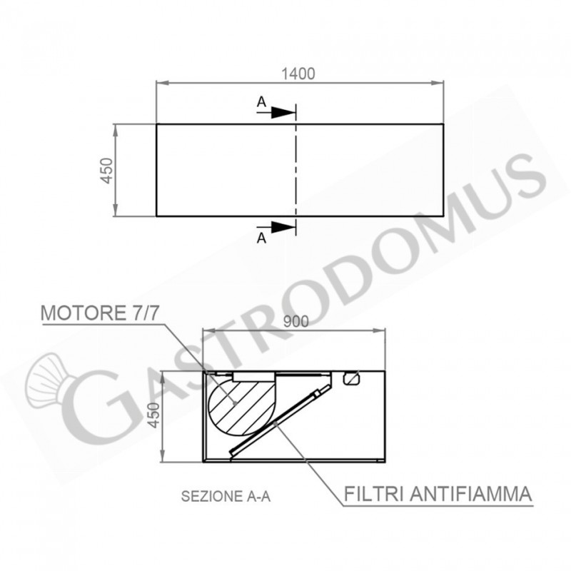 Kastenhaube mit Motor, B 1400 mm x T 900 mm x H 450 mm