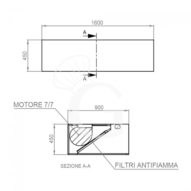 Kastenhaube mit Motor, B 1600 mm x T 900 mm x H 450 mm