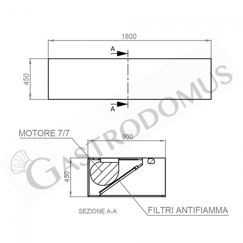 Kastenhaube mit Motor, B 1800 mm x T 900 mm x H 450 mm