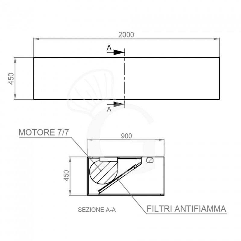 Kastenhaube mit Motor, B 2000 mm x T 900 mm x H 450 mm