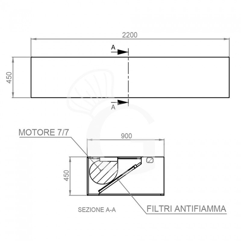 Kastenhaube mit Motor, B 2200 mm x T 900 mm x H 450 mm