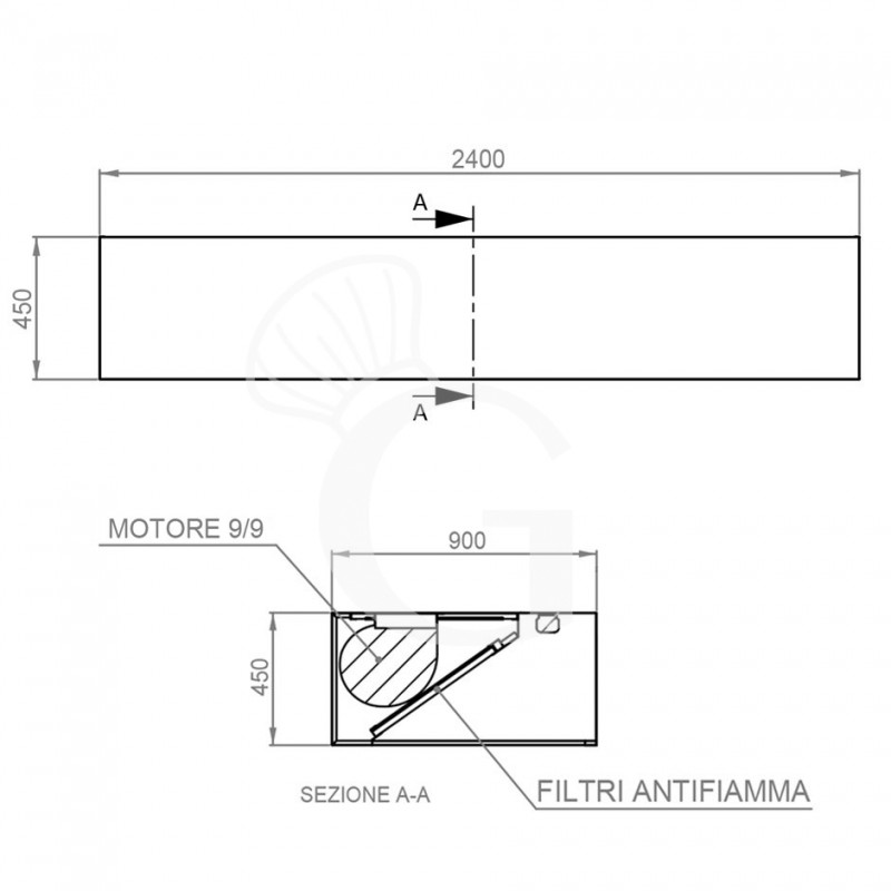 Kastenhaube mit Motor, B 2400 mm x T 900 mm x H 450 mm