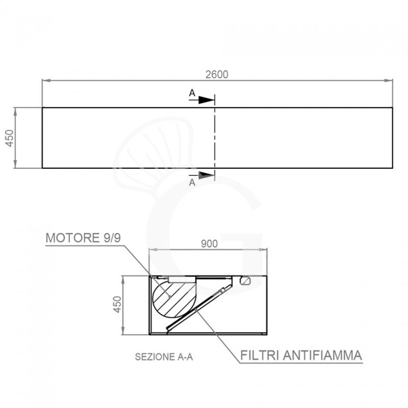 Kastenhaube mit Motor, B 2600 mm x T 900 mm x H 450 mm