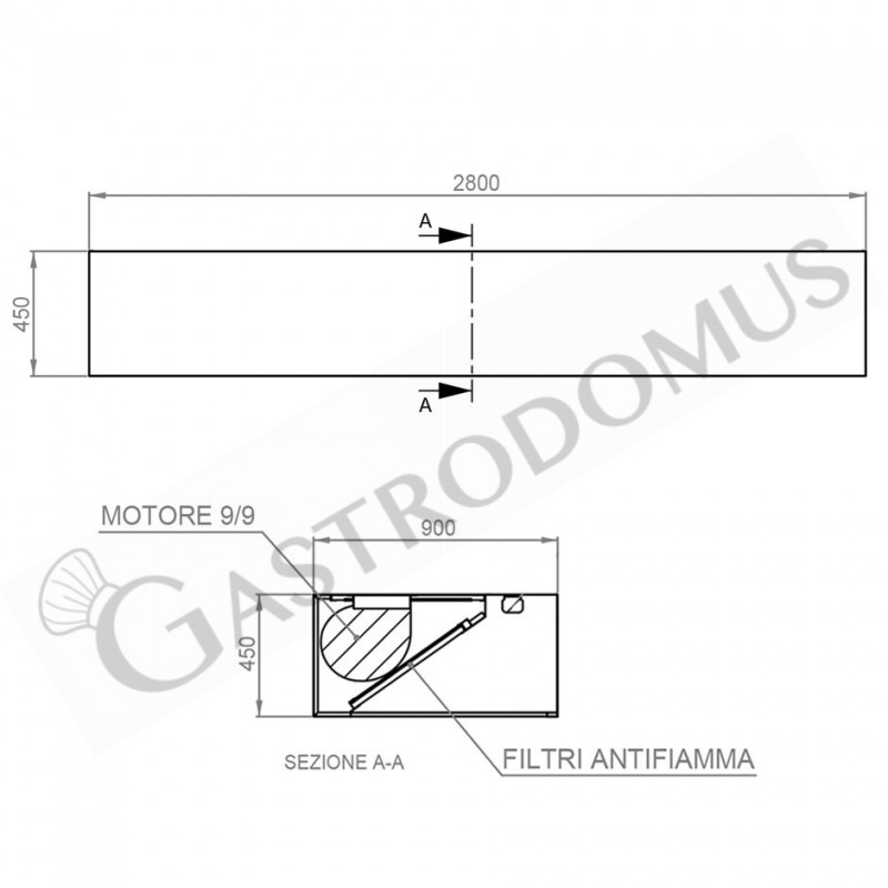 Kastenhaube mit Motor, B 2800 mm x T 900 mm x H 450 mm