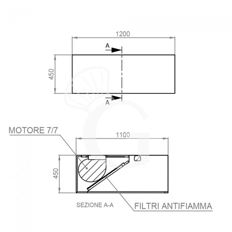 Kastenhaube mit Motor, B 1200 mm x T 1100 mm x H 450 mm