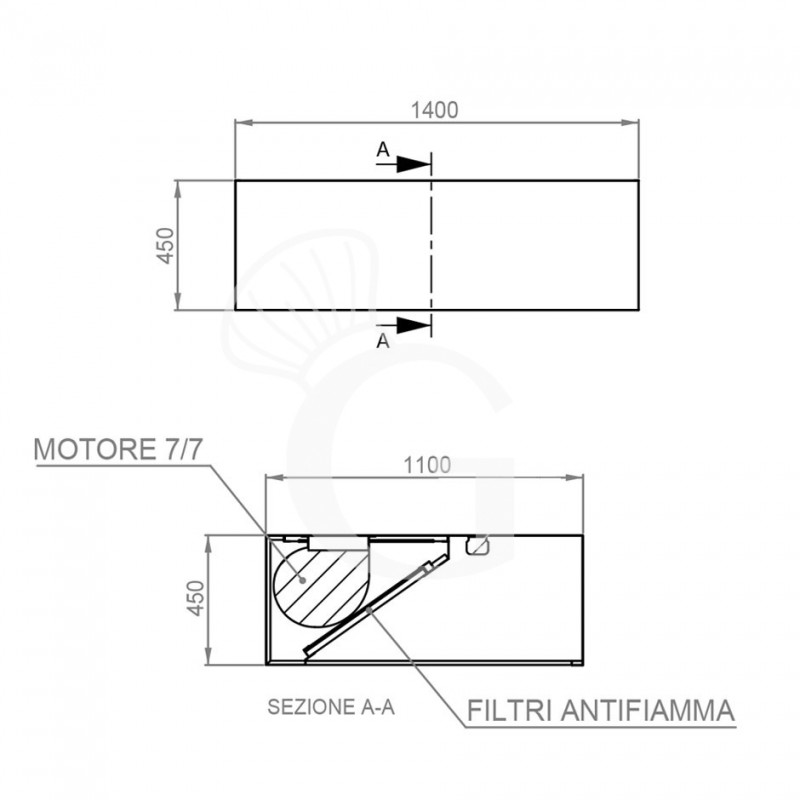 Kastenhaube mit Motor, B 1400 mm x T 1100 mm x H 450 mm