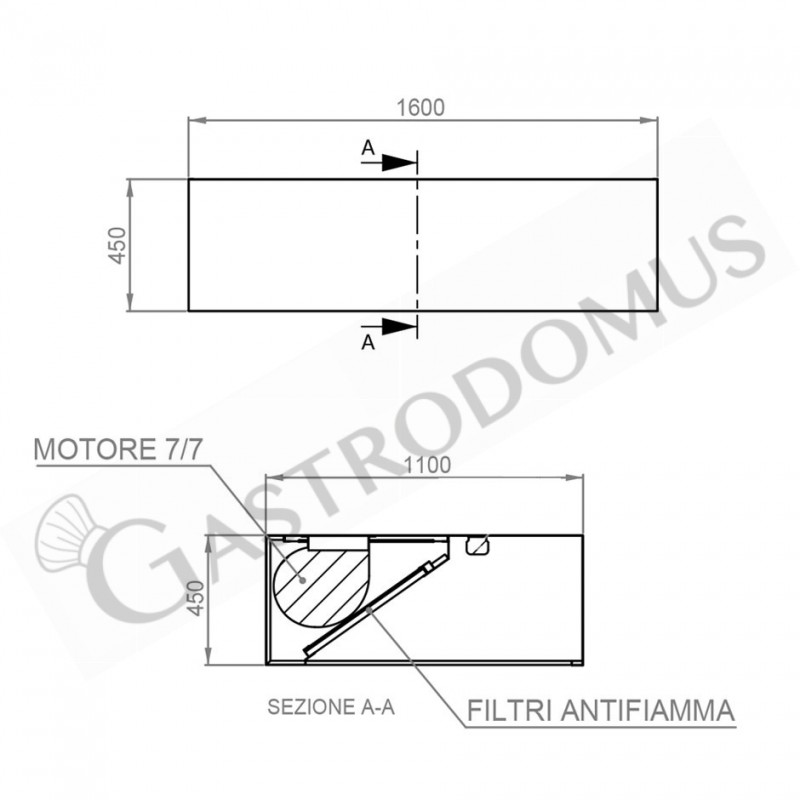 Kastenhaube mit Motor, B 1600 mm x T 1100 mm x H 450 mm