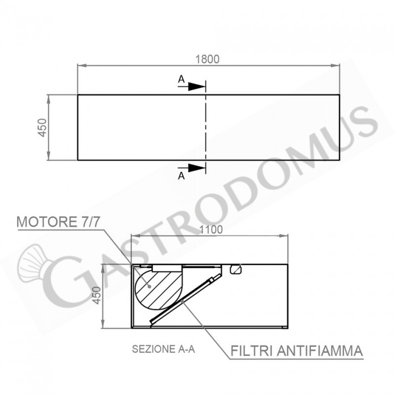 Kastenhaube mit Motor, B 1800 mm x T 1100 mm x H 450 mm
