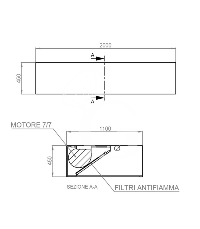 Kastenhaube mit Motor, B 2000 mm x T 1100 mm x H 450 mm