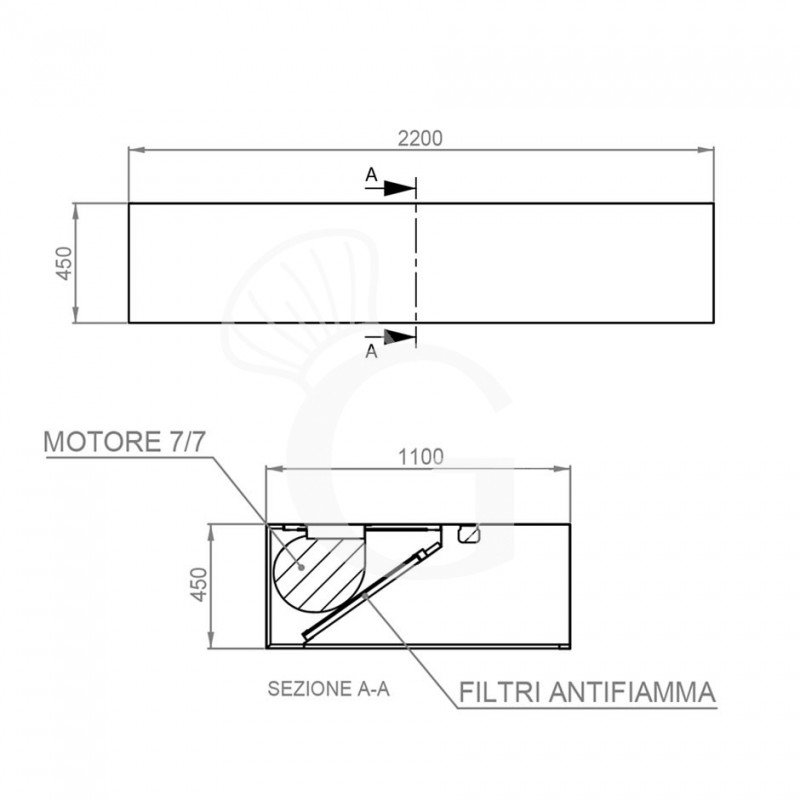 Kastenhaube mit Motor, B 2200 mm x T 1100 mm x H 450 mm