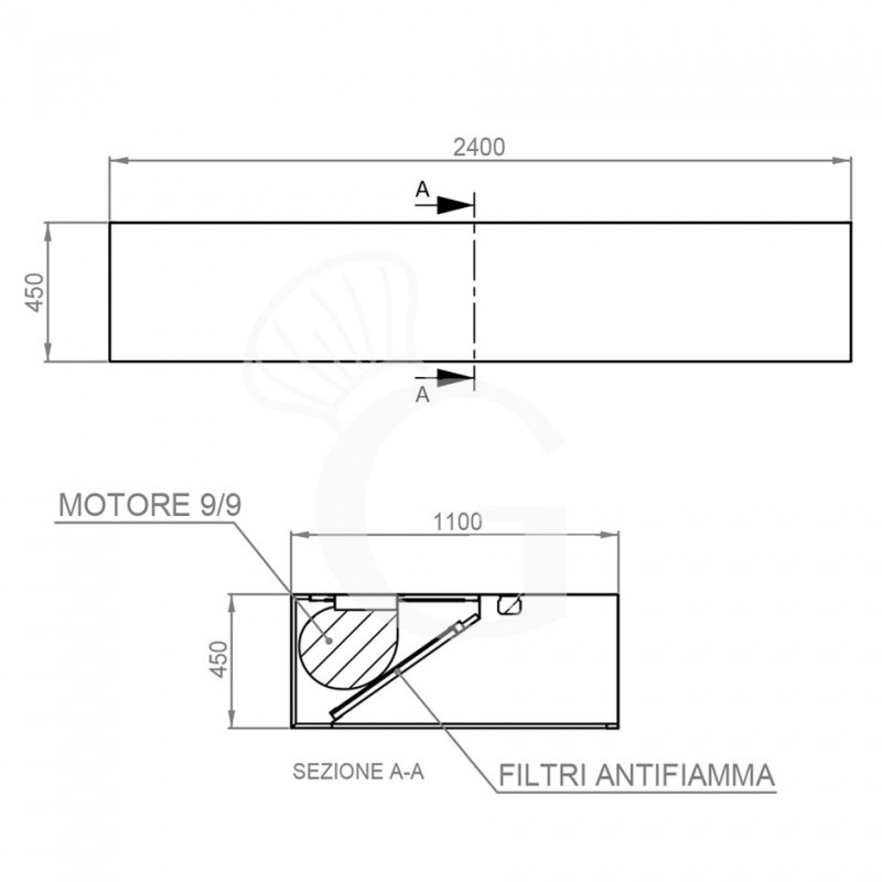 Kastenhaube mit Motor, B 2400 mm x T 1100 mm x H 450 mm