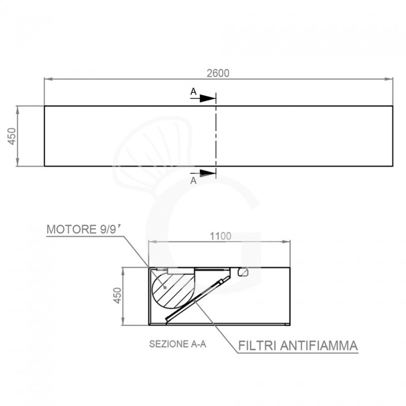 Kastenhaube mit Motor, B 2600 mm x T 1100 mm x H 450 mm