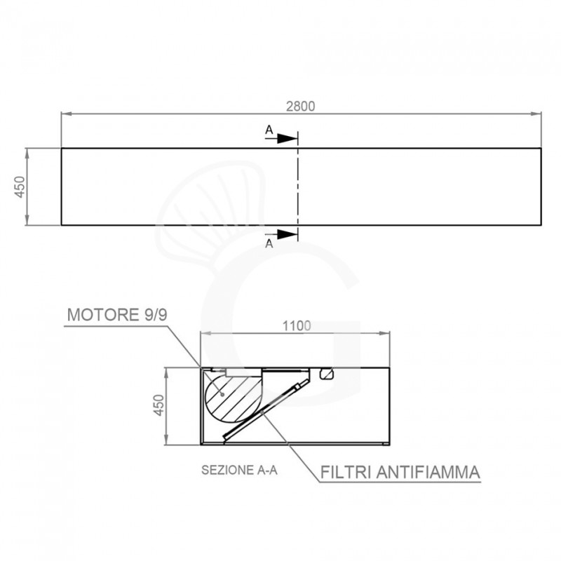 Kastenhaube mit Motor, B 2800 mm x T 1100 mm x H 450 mm