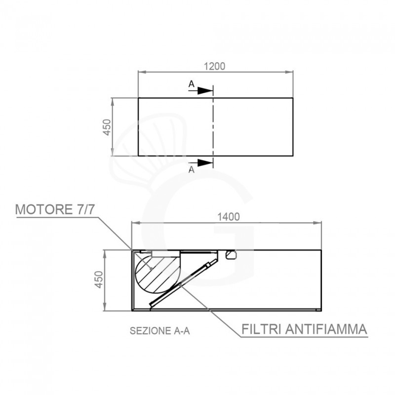 Kastenhaube mit Motor, B 1200 mm x T 1400 mm x H 450 mm