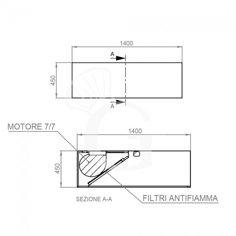 Kastenhaube mit Motor, B 1400 mm x T 1400 mm x H 450 mm