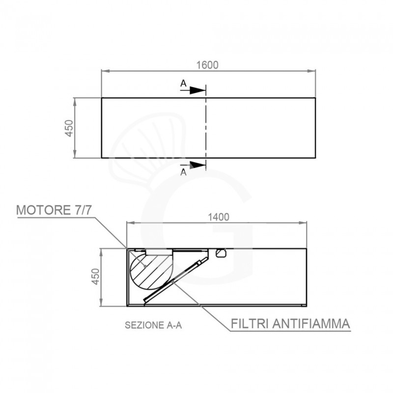 Kastenhaube mit Motor, B 1600 mm x T 1400 mm x H 450 mm