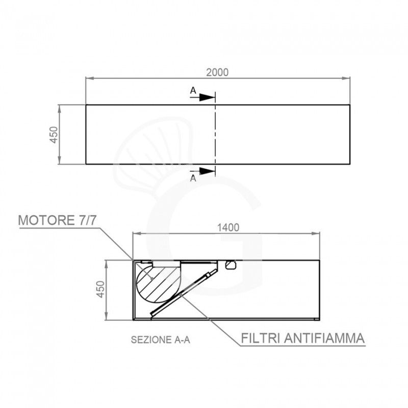 Kastenhaube mit Motor, B 2000 mm x T 1400 mm x H 450 mm