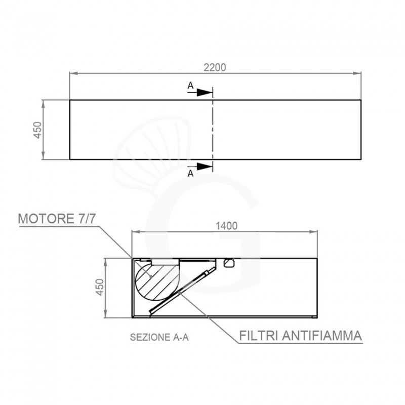 Kastenhaube mit Motor, B 2200 mm x T 1400 mm x H 450 mm