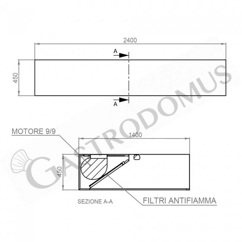 Kastenhaube mit Motor, B 2400 mm x T 1400 mm x H 450 mm